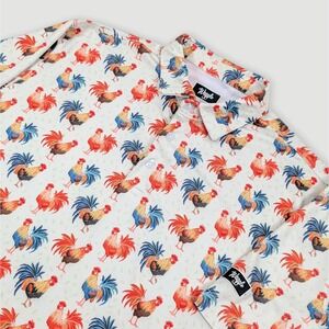 Waggle Cocky Rooster Polo Shirt Mens XL White Performance Golf Casual AOP